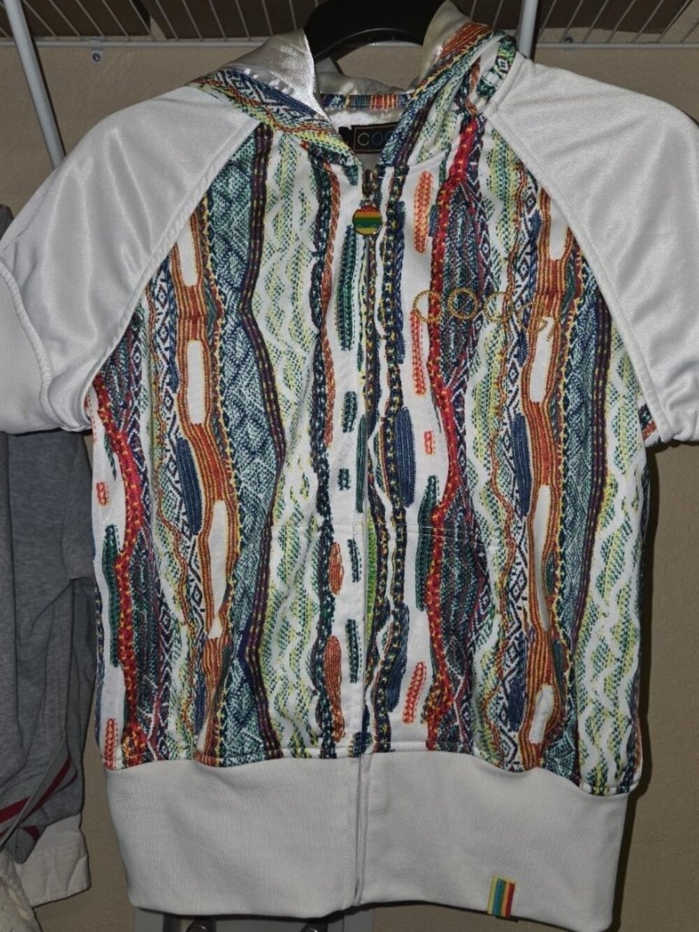 COOGI Zip Jacket Women Size Medium Embroidered Logo Multicolor Short Sleeve